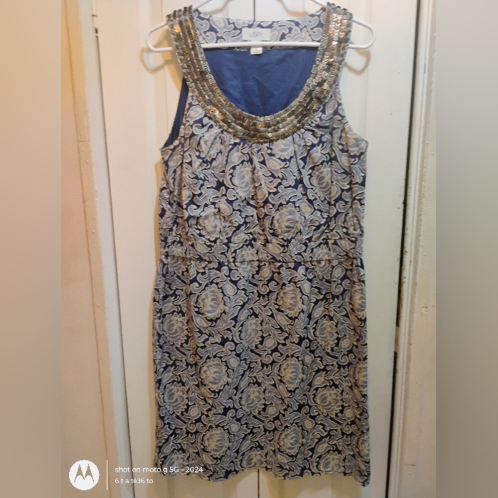 LOFT Navy and Gold Patterned Mini Dress